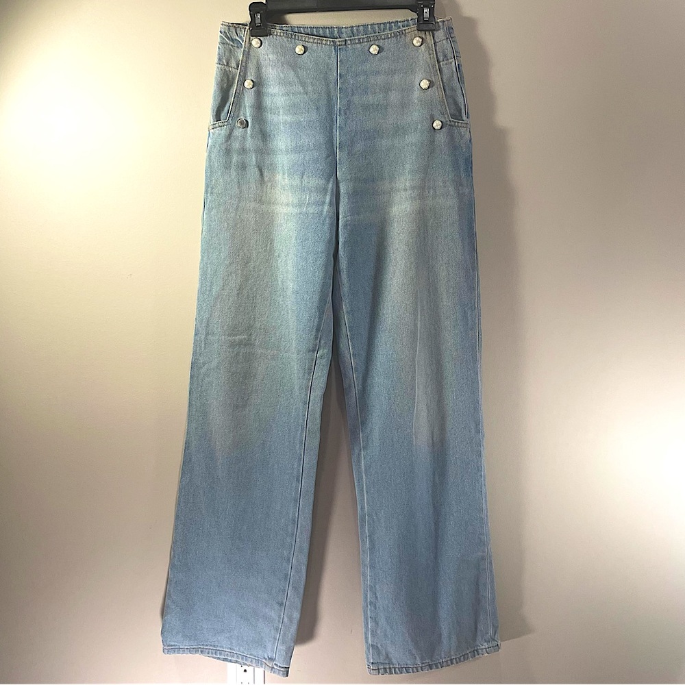 Zara High-Waist Wide-leg Sailor Inspired Pearl Snap Jeans Womens 6 Light Wash